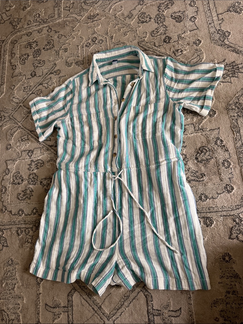 Old Navy Teal & White Striped Short-Sleeve Romper